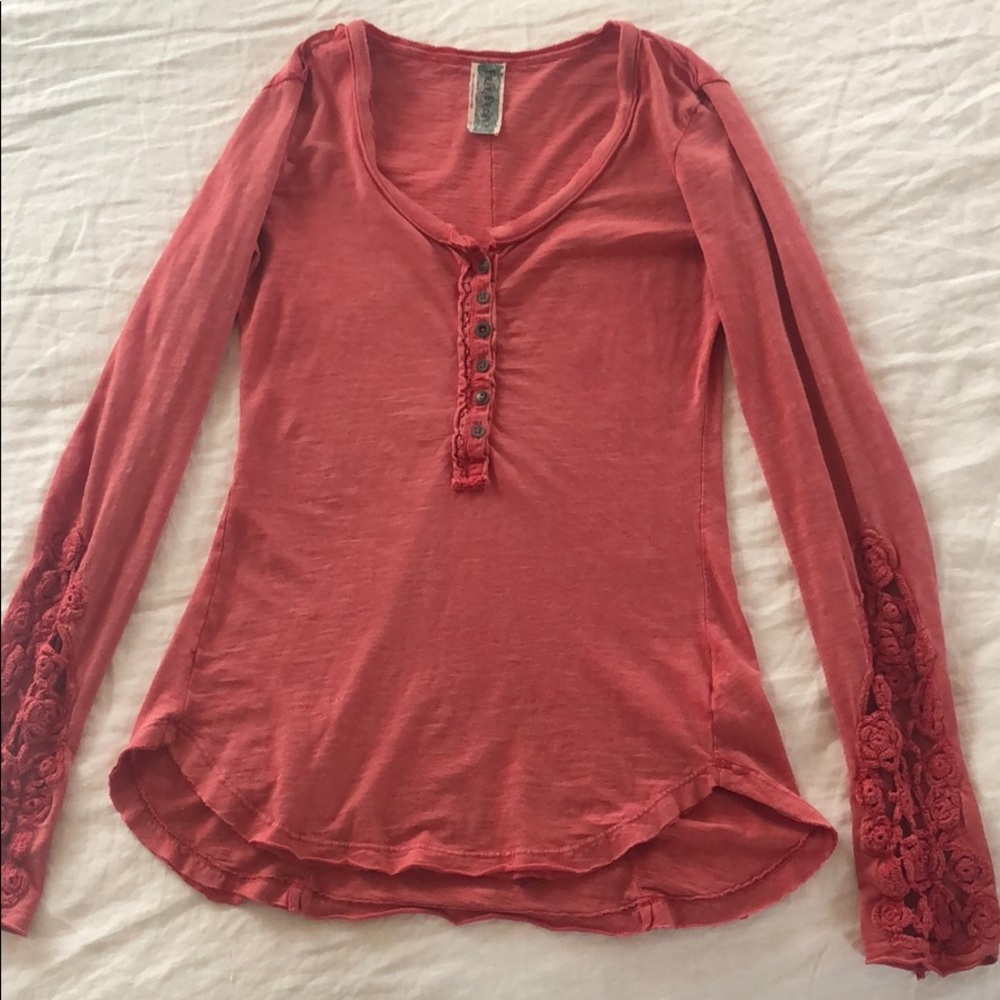 Coral Long Sleeve Shirt w/ Crocheted Detail